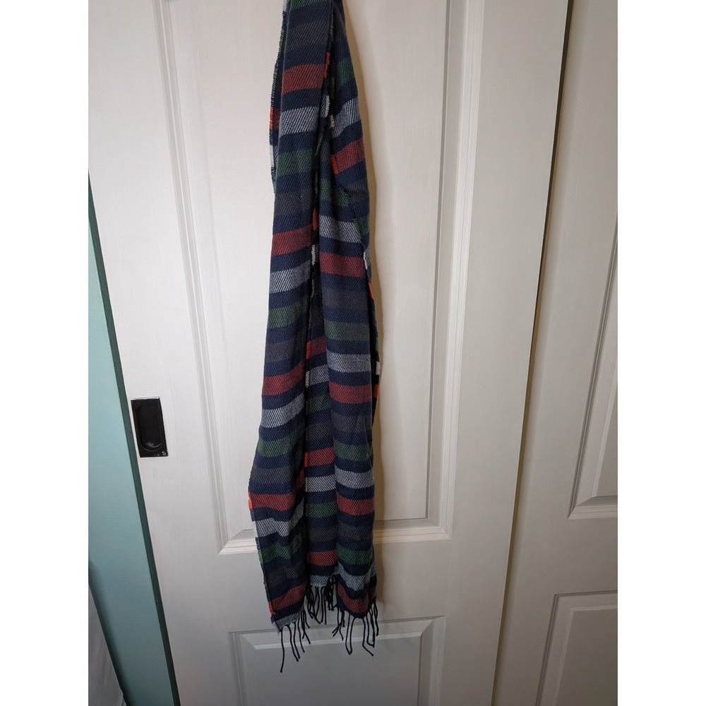 Navy Blue Striped Knit Scarf Burgundy Green Grey Fringe Rectangle Unisex Classic
